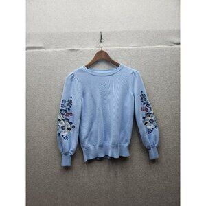 Blue Embroidered Floral Sweater By Loft Petites Size SP 100% Cotton Long Puff Sl